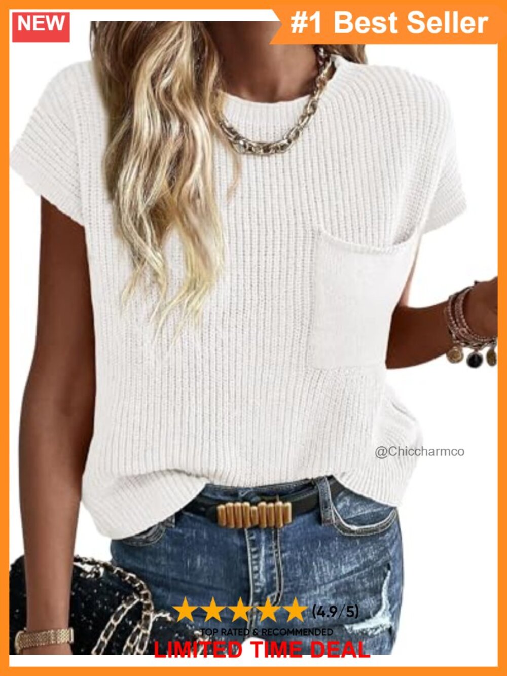 KIRUNDO Women's Cotton Ribbed Knit Short Sleeve Sweater Top Crew Neck Pullover